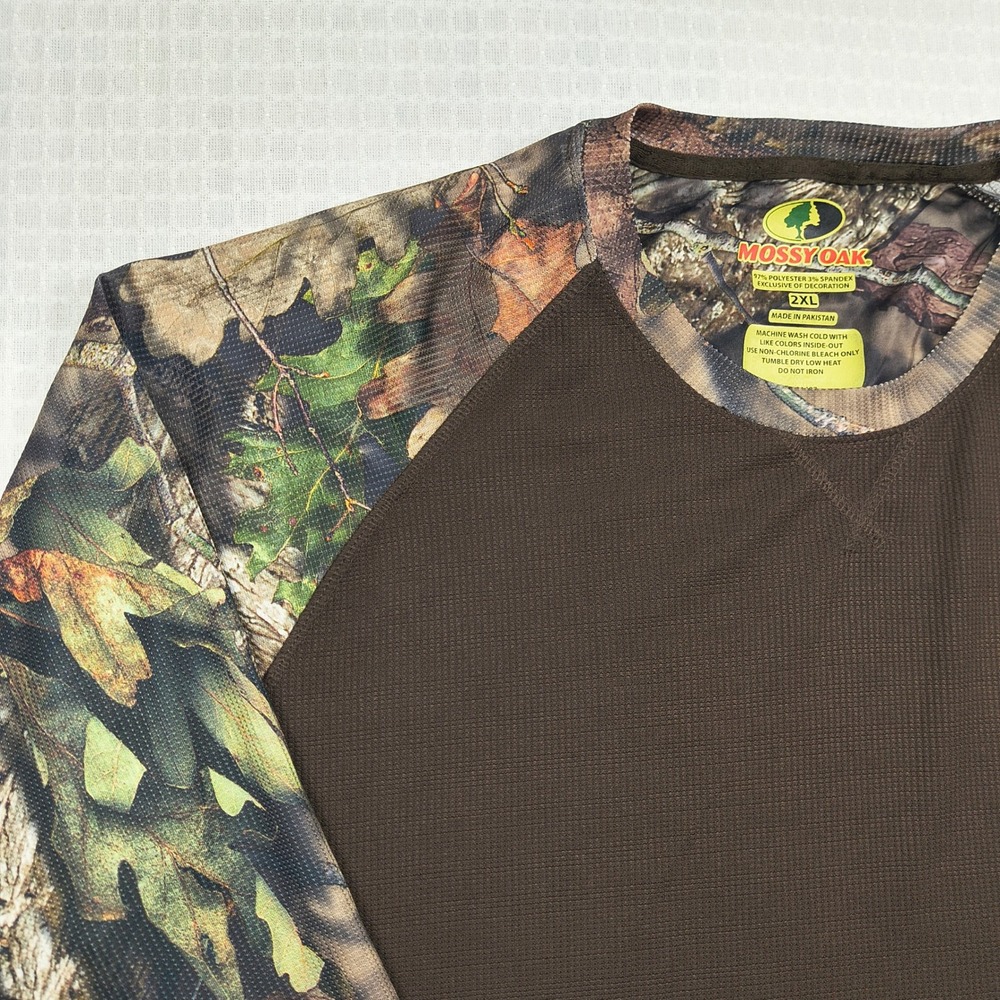 Mossy Oak Mens 2XL Brown Camo Raglan Waffle‎ Knit Performance Long Sleeve Shirt - Picture 7 of 11